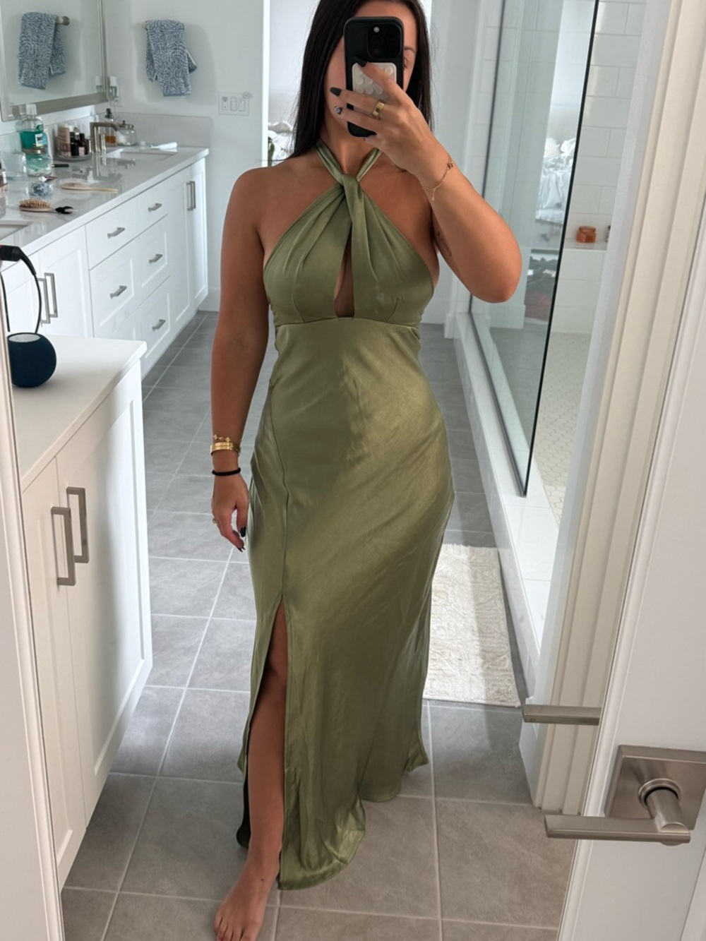 Olive Green Halter Maxi Dress with Front Slit